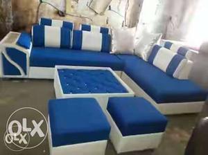 Blue And White Fabric Sectional Sofa Set