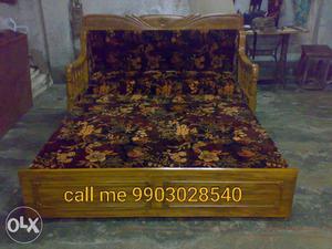 Brown Wooden Frame Brown Green And Red Floral Bed