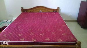 Brown Wooden Queen Bed; Maroon Mattress