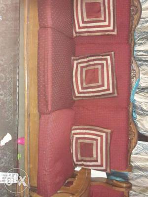 Brown Wooden Red Padded Sofa 5 Seater