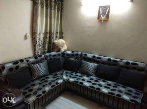 Gray And Black Fabric Dotted Corner Sofa