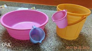Pink And Yellow Plastic Pail With Pitcher