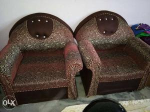 Two Brown Fabric Sofa Chairs