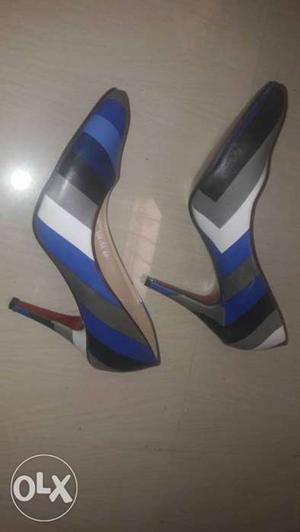 Black, Blue, And White Striped Leather Pointed Toe Stilettos