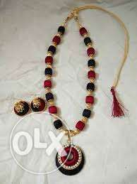Black, Red, And Brown Beaded Necklace Matching With Jhumka