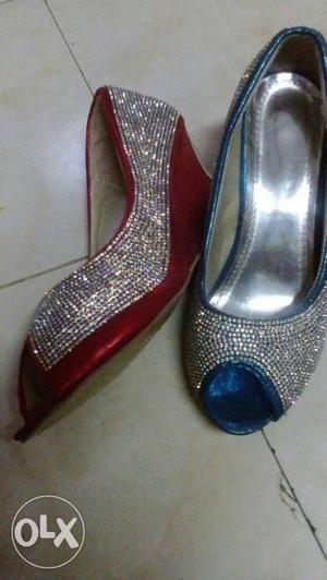 Blue And Red Silver Diamond Peep Toe Wedge Heels Sandals