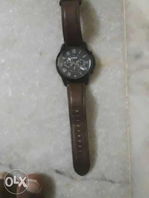 Brown Leather Strap Black Round Face Chronograph Watch