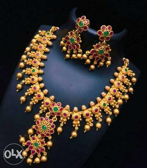 Gold And Red Beaded Kundan Necklace And Earrings