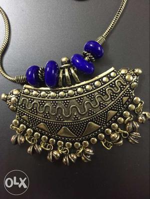 Gold Blue Beaded Necklace