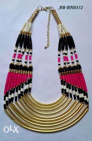 Gold, Pink, And Black Beaded Necklace