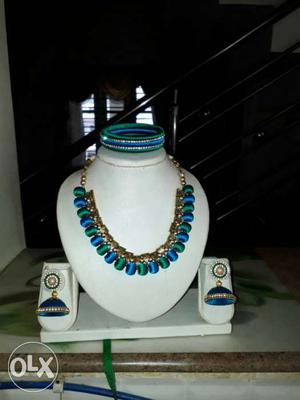 Green And Blue Beaded Necklace And Jhumka Earrings Set