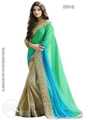Green, Blue And Beige Sari