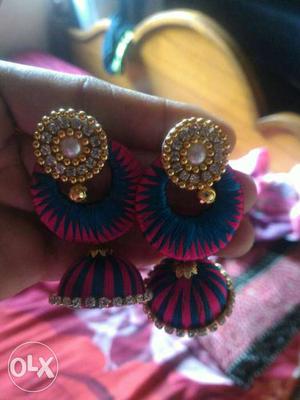 Pair Of Pink-blue-and-gold Drop Earrings