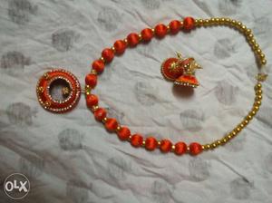 Red And Gold-colored Jhumka Earrings And Necklace Set