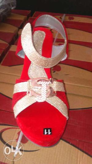 Red And White Leather Ankle Strap Flats