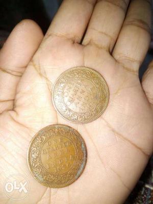 Two One Quarter Anna India Coins