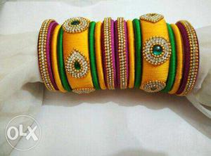 Yellow, Green And Pink Silk Thread Bangles