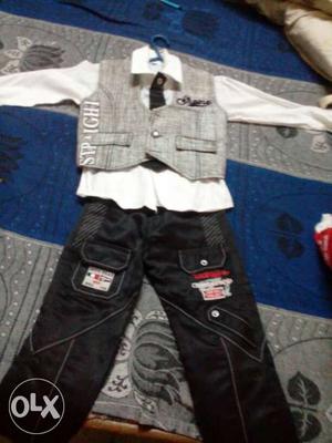Boy's Gray Vest; White Dress Shirt; Black Pants Outfit Set
