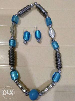 Gray And Blue Beaded Bracelet And Earrings Set