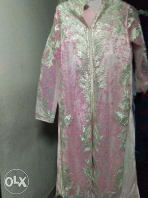 Green And Pink Satin Floral Long Sleeve Dress