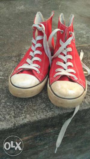 Pair Of White-and-red High-top Converse