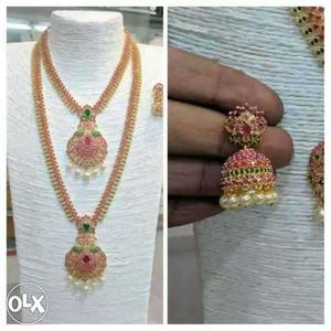 Pink And Gold Pendant Necklace And Earrings Set
