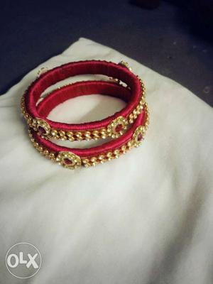 Rhinestone Embellished Red Silk Thread Bangle Bracelets