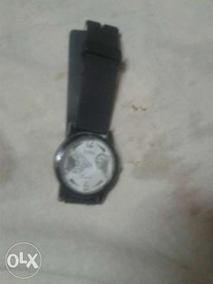 Round White Chronograph Watch With Black Band