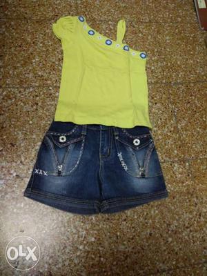 Yellow One-shoulder Shirt And Blue Faded Denim Shorts