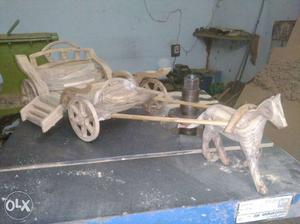 Beige Wooden Horse With Carriage Miniature