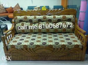 Brown Wooden Base Gray Floral Padded Sofa