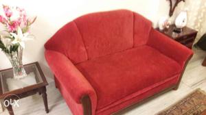 Brown Wooden Framed Red Padded Love Seat
