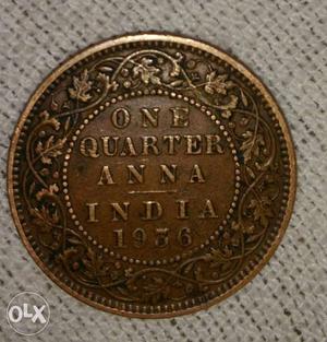 Copper Indian Anna One Quarter  Coin