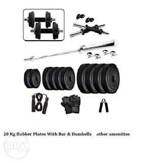 Gym set with 20 kg bars & dumbells & plates in new condition