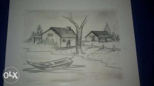 House Near Body Of Water With Boat Sketch