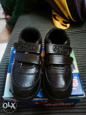 Pair Of Black Low Top Velcro Strap Sneakers On Box