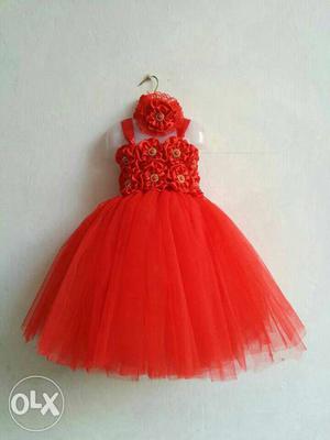 Women's Red Tube Flower Accent Tulle Dress