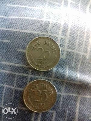 2 Silver 25 Indian Paise Coins