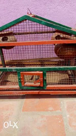A big cage with three perches and birds