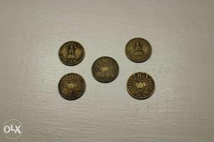 Five 20 Indian Paise Gold Coins