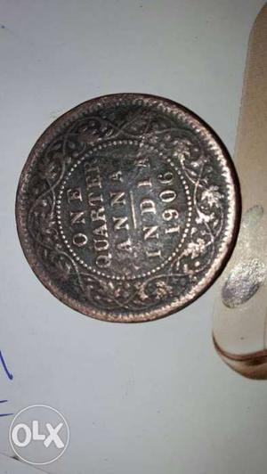 Original 'one quater anna' coin of  year.