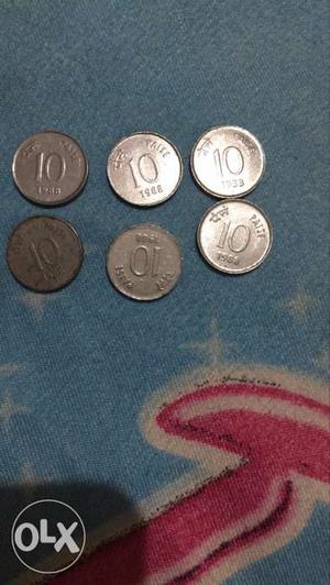 Six 10 Indian Paise Silver Coins