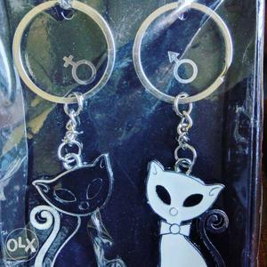 Two Silver Cat Keychains