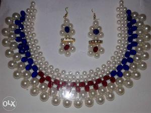 Blue And Red Braided Gray Pearl Beaded Necklace With Hook