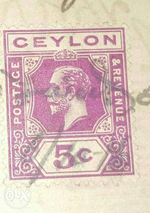 Ceylon 5 Cents Postage Stamp in 100 year old