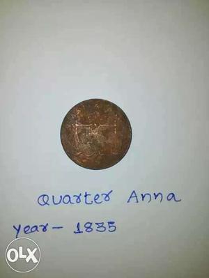 Copper Quarter Anna  Indian Coin