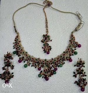 Gold Beaded Necklace With Earrings Set