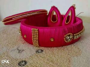 New Pink silk thread bangles and earings set size
