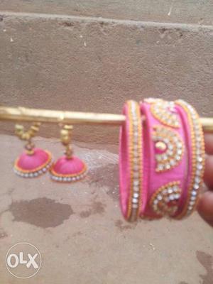 Pink And Yellow Thread Bracelet And Jhumka Earrings