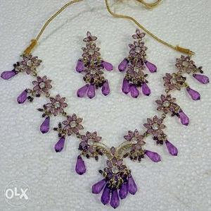 Purple And Pink Gemstone Embellished Gold Necklace And